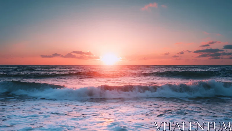 Low-angle ocean horizon at sunset with layered wave dynamics