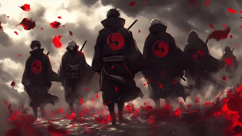 Anime warrior cohort in crimson-infused atmospheric backlight.