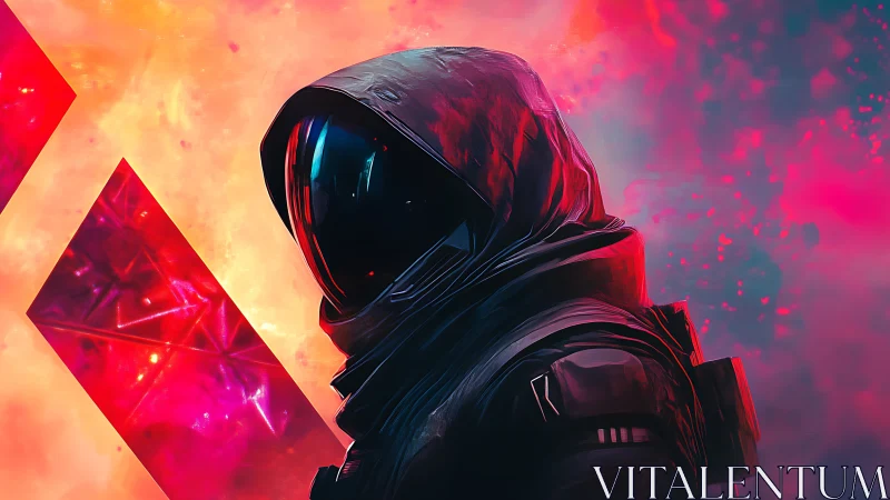 Hooded space traveler drifting through neon cosmic skies.