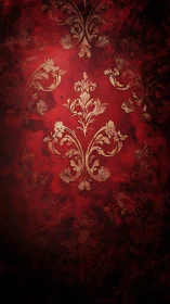Baroque damask flourishes glow on distressed red ground.