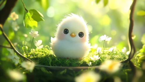 Fluffy white chick glows softly in sunlit forest nest