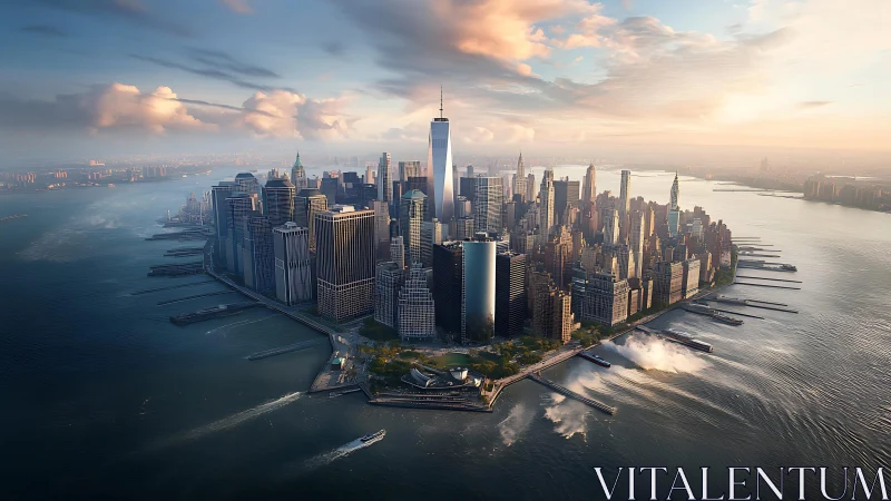 Manhattan Skyline at Golden Hour. Aerial Urban Vista.