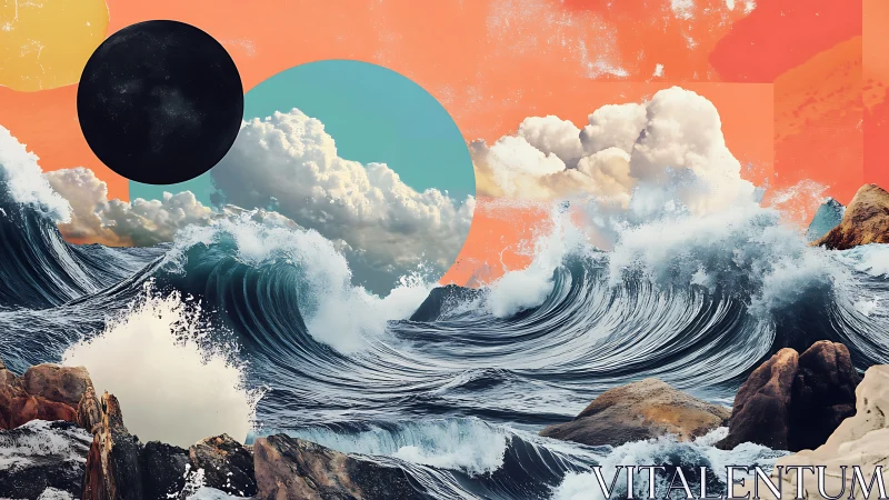 Cosmic surf collides with tangerine skies and quiet planets.