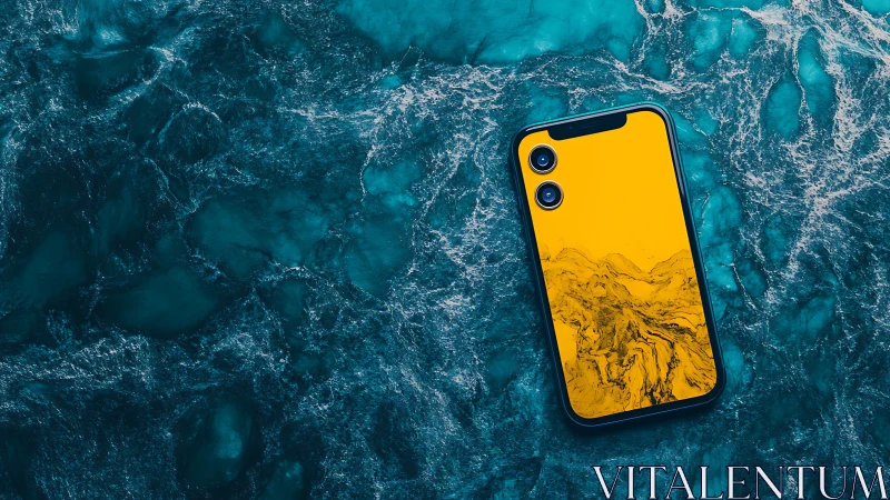 Smartphone with golden marble screen rests on teal water surface