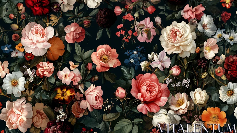 Botanical Floral Composition on Dark Background