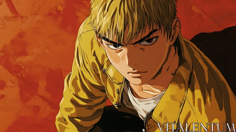 Intense blond anime teen stares forward against burning red