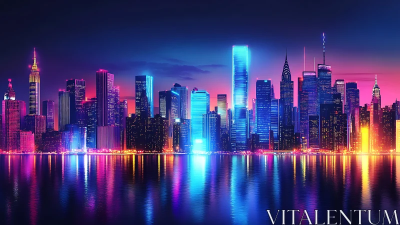 Neon cyberpunk skyline glowing over reflective harbor.