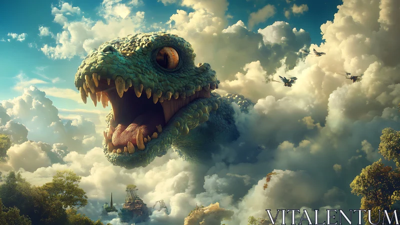 Colossal sky dragon bursts through clouds above floating isles