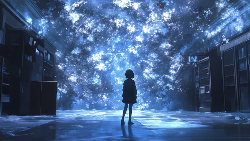 Girl stands in glowing cosmic portal amid shadowed library