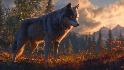 Lone gray wolf watches a glowing alpine sunset in silence.