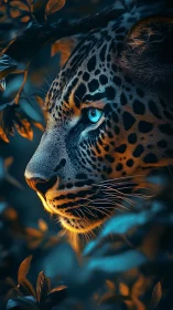 Leopard profile rendered in dramatic teal and orange lighting