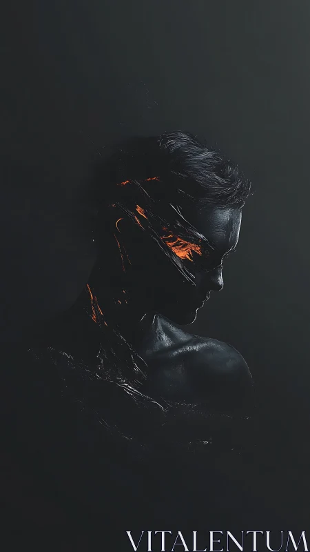 Dark human figure with glowing orange fractures in profile