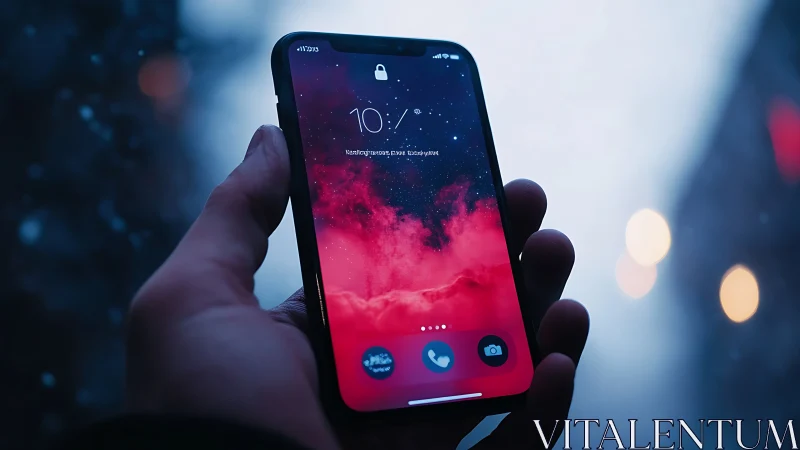 Smartphone lock screen displays nebula wallpaper in winter light