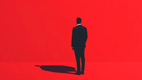Solitary Businessman Cast Against Vivid Crimson Backdrop.