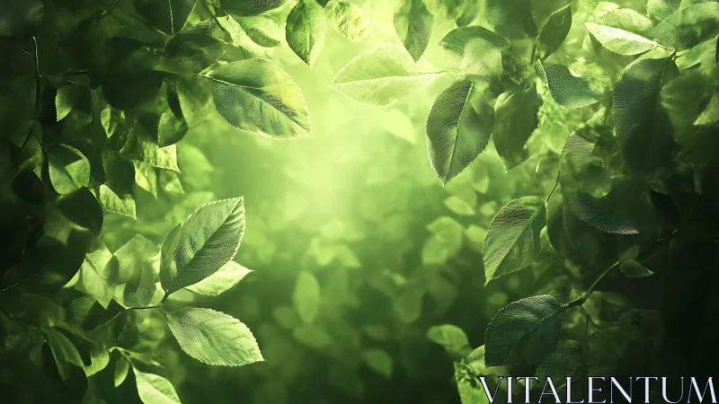 Sunlit green leaves frame glowing forest clearing softly