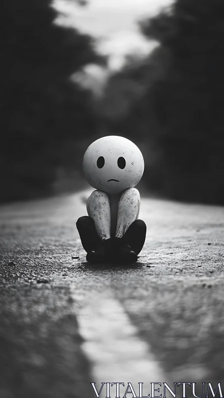 Monochrome sad figure centered on wet road with shallow depth