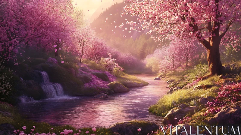 Blossoming river valley under warm golden spring light.