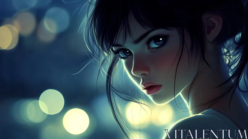 Digital portrait of young woman against blurred night lights.