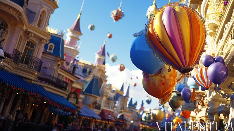 Colorful hot air balloon decorations over ornate street.