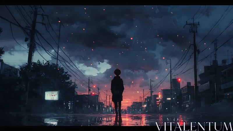 Quiet evening wanderer under a glowing stormy sky.