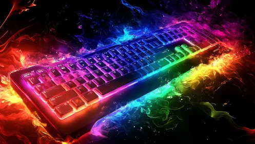 Vibrant RGB gaming keyboard floating in neon firestorm.
