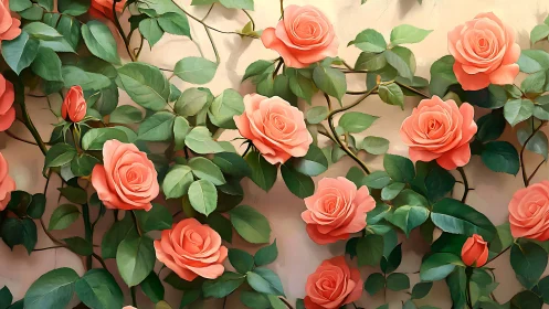Coral roses with green foliage arranged on neutral background surface.