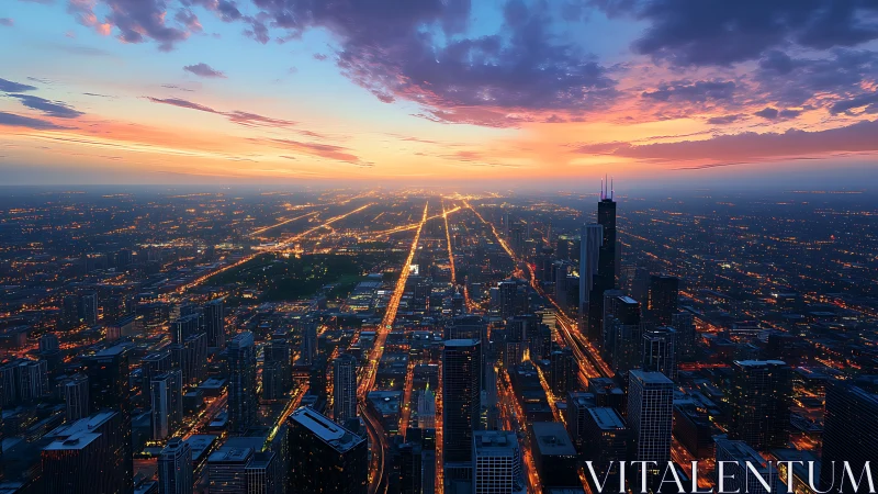 Urban skyline at dusk with illuminated grid street network.