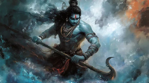 Mythic blue warrior brandishes hooked weapon amid storm clouds