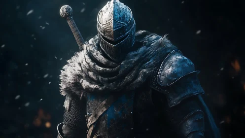 Armored knight in fur cloak standing in dark snowstorm.