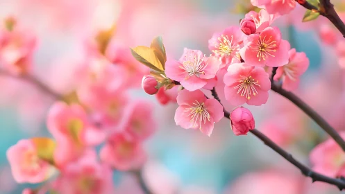 Soft pink cherry blossoms glow in dreamy spring light