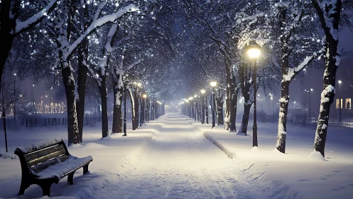 Snowlit park promenade glows with dreamlike winter hush.