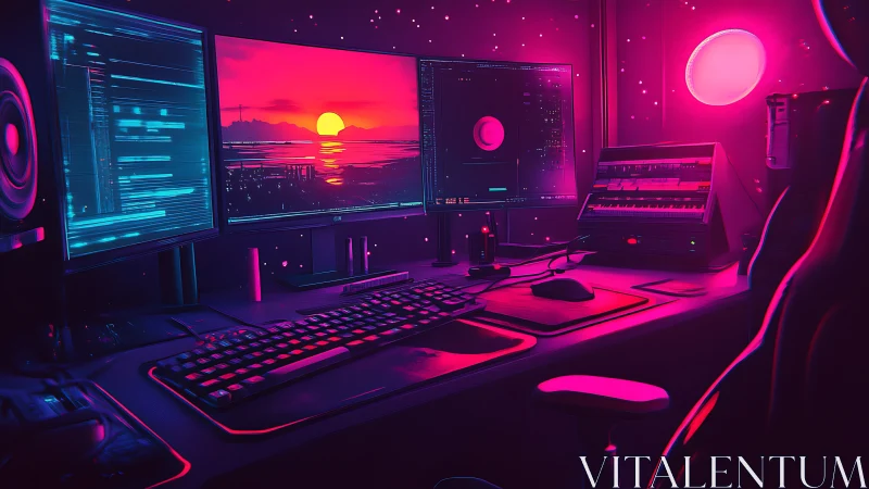 Neon magenta cyber workstation with panoramic coding displays.