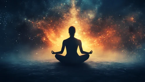 Silhouetted meditator opens cosmic light portal in void