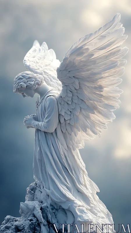 High-relief marble angel statue with extended wings in clouds