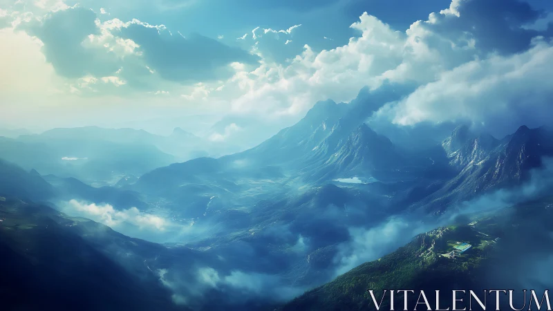 Luminous blue mountain range under sweeping cloud seas.