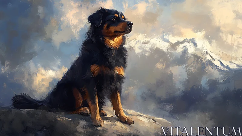 Canine mountain sentinel in expressive digital painting style.