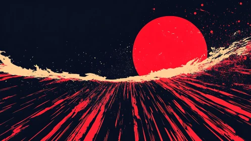 Crimson sun ignites abstract tidal wave across darkness.