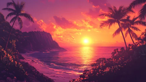 Radiant tropical coastline sunset with saturated magenta-orange sky