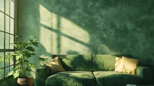 Sunlit green sofa sanctuary basking in quiet afternoon calm.