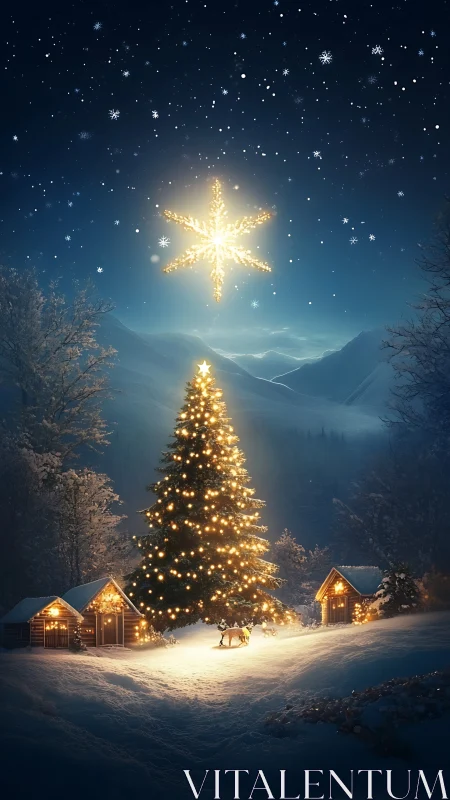 Snowy night Christmas tree with glowing star and cabins.