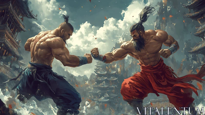 Two Muscular Warriors Fighting Mid-Air Above Ancient City.