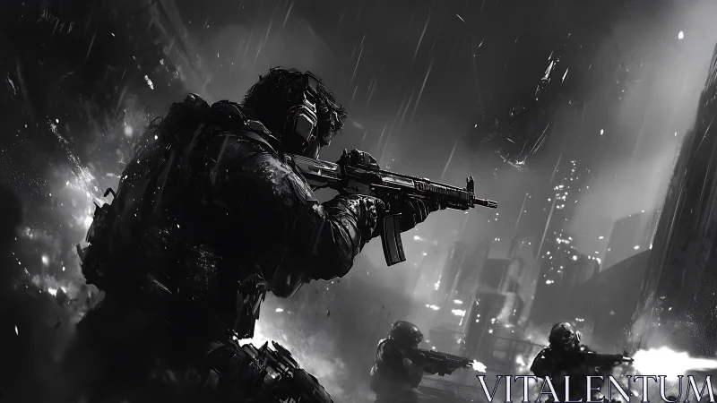 Tactical soldiers advance under fire in rain-soaked city.