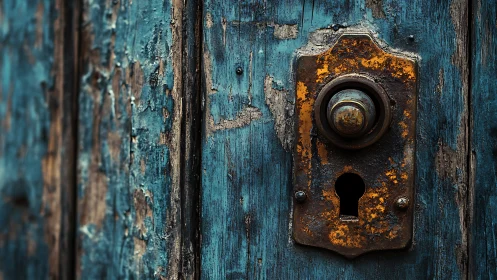 Rusty door lock on peeling blue wooden surface closeup.