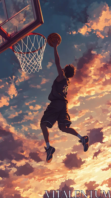 Young basketball player soars for a dunk against fiery sunset sky