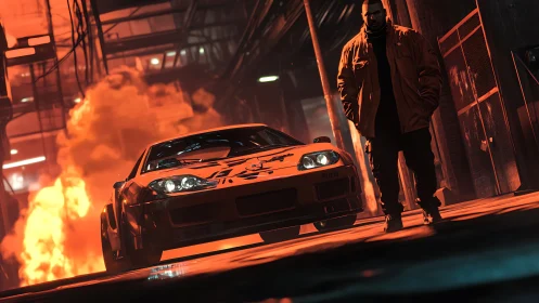 Neon-lit tuner car and lone figure in cinematic firelit alley.