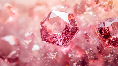 Pink faceted gemstones with crystalline bokeh and radiant highlights.