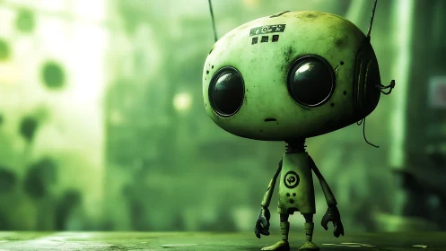 Gentle green robot friend stands quietly in a soft city glow