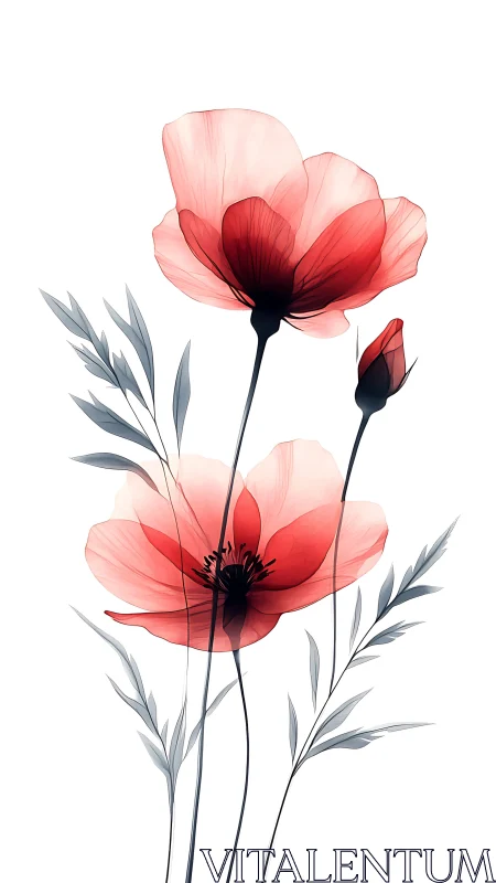 Red Poppies with Translucent Petals and Grey Foliage.