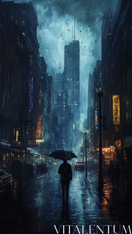 Solitary figure with umbrella in dense rainy city street.