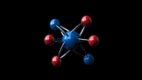 Chromed bonds orbit gleaming blue and red molecular core